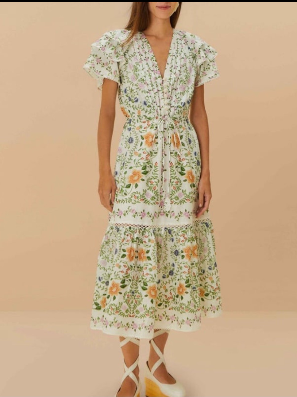 Farm Rio Off-White Folk Floral Lace Midi Dress. Size M